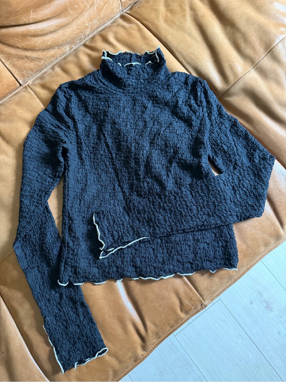 Carly Jean Los Angeles Black Textured Turtleneck Sweater with Cream Trim